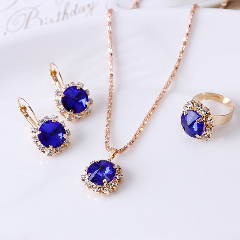 Europe and America fashion round crystal necklace earrings ring set in alloy with 43CM perimeter and extended 5CM tail chain