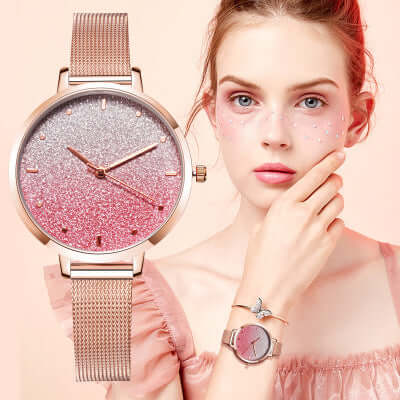 Starry Quartz Mesh Watch with stainless steel mesh band and 37mm starry dial in blue, pink, and light blue colors