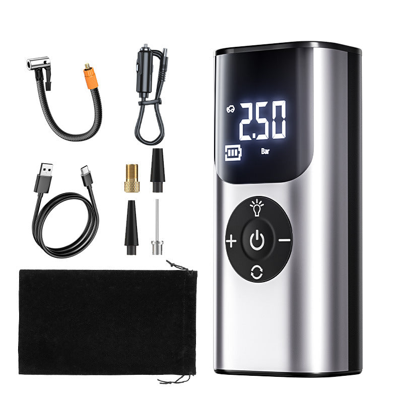 Portable air pump with digital display and accessories on a white background