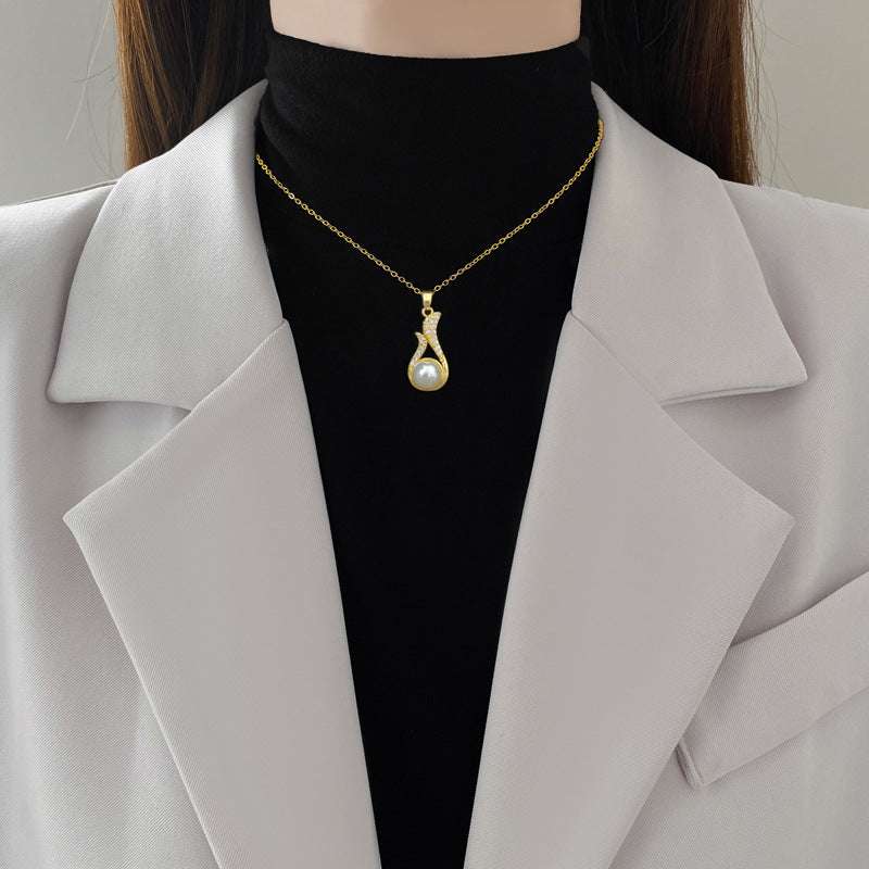 Light luxury geometric necklace and earrings suite with diamond and pearl accents in Korean style