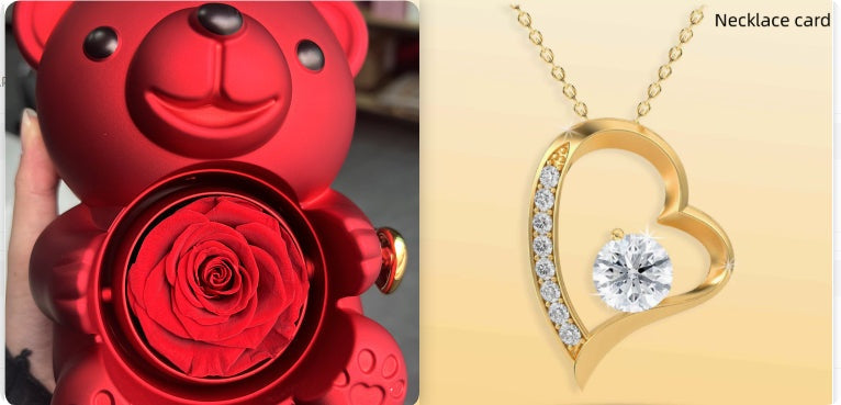 Rotating Eternal Rose Teddy Bear Gift Box Jewelry Box With Necklace Valentine Gift