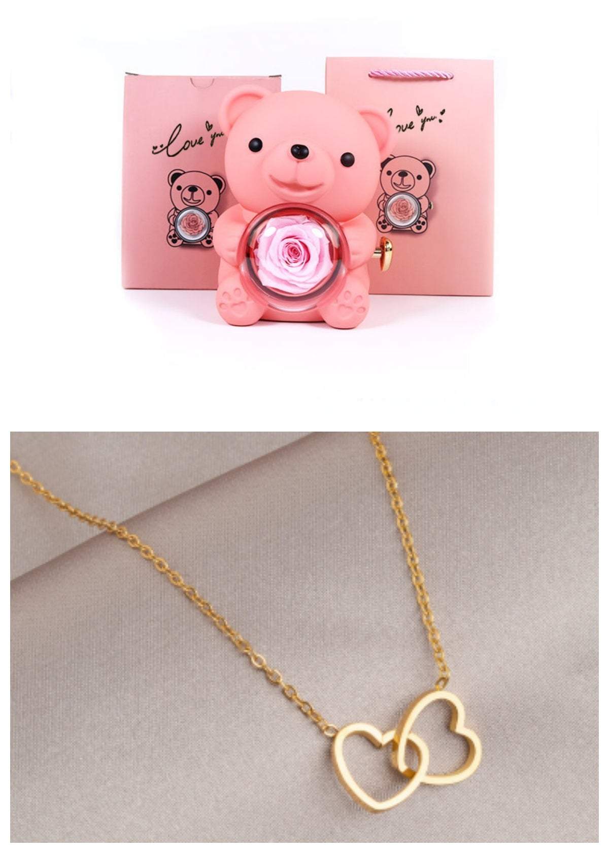 Rotating Eternal Rose Teddy Bear Gift Box Jewelry Box With Necklace Valentine Gift