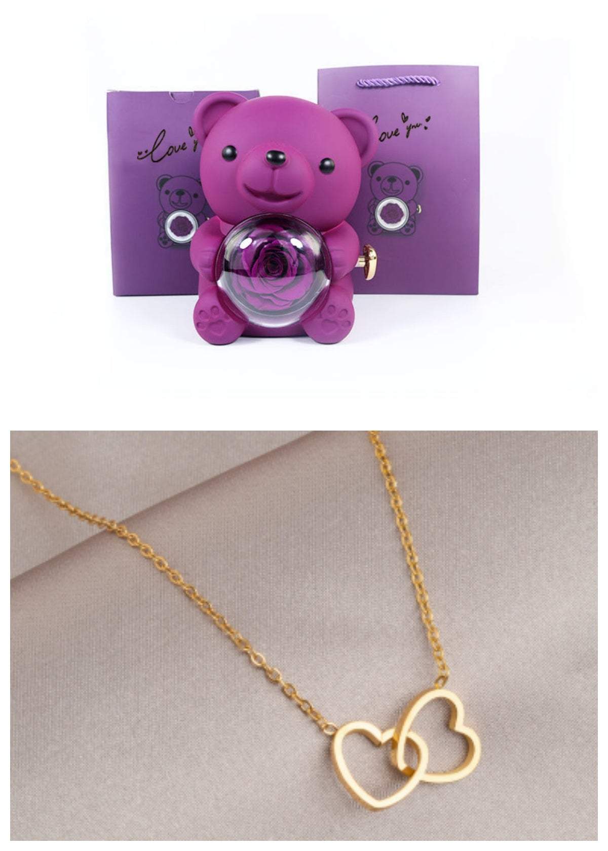 Rotating Eternal Rose Teddy Bear Gift Box Jewelry Box With Necklace Valentine Gift