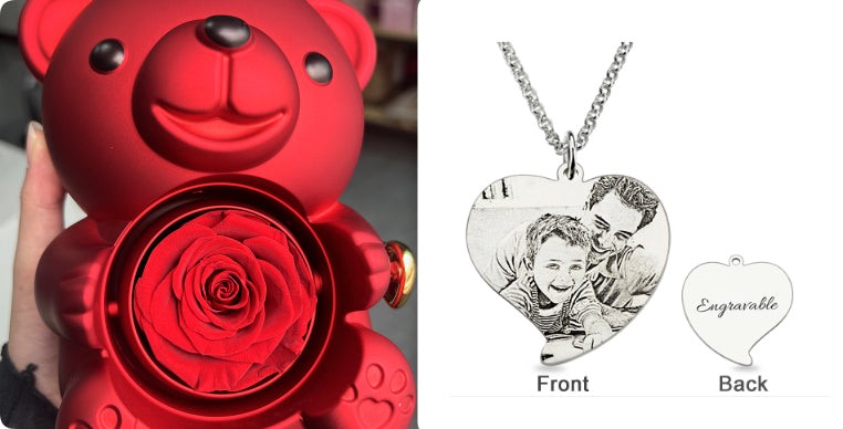 Rotating Eternal Rose Teddy Bear Gift Box Jewelry Box With Necklace Valentine Gift