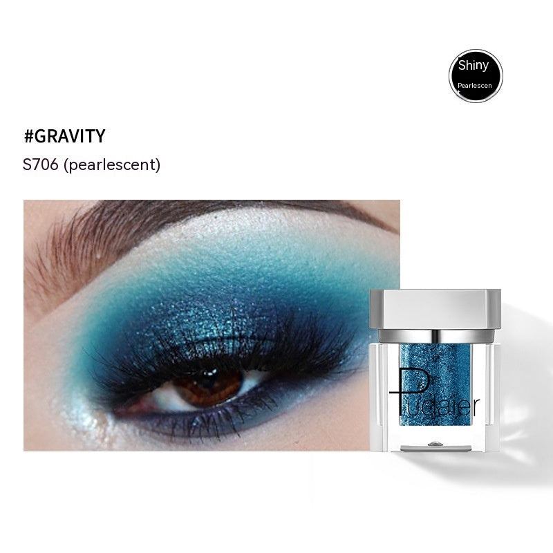 Eye makeup with blue and green gradient and a cosmetic product labeled 'Paturier' on a white background.