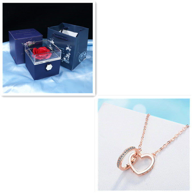 Korean style silver Necklace Two Ring with diamond geometric design and 40cm chain extension