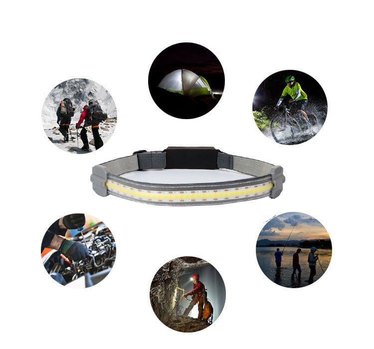 USB rechargeable COB headlamp with red warning light and 300-lumen floodlight for hands-free outdoor use