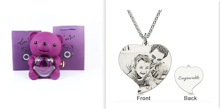 Rotating Eternal Rose Teddy Bear Gift Box Jewelry Box With Necklace Valentine Gift