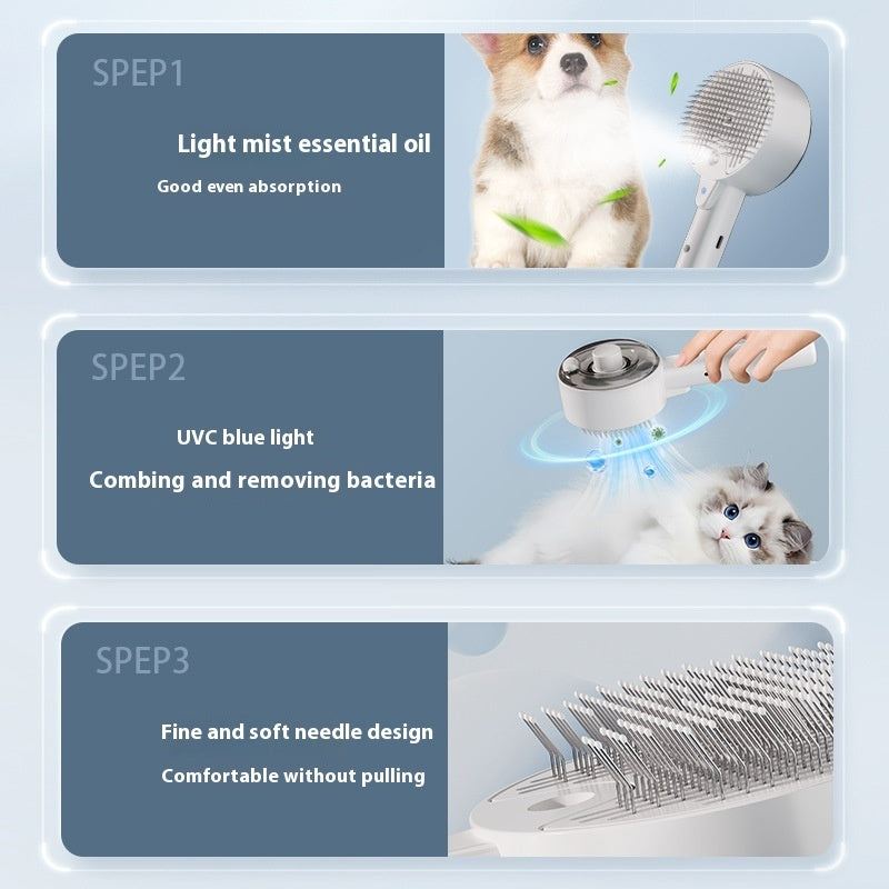 Pet Grooming Spray Brush with UV Sterilization - 3-in-1 Dog & Cat Hair Remover