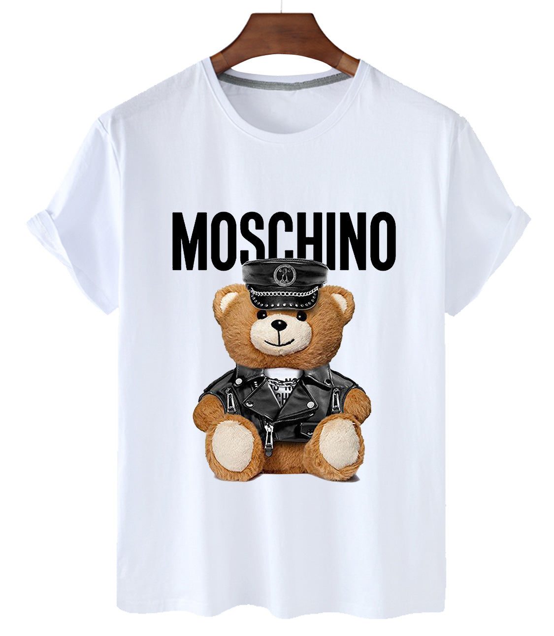 White and black cotton teddy bear couple t-shirts with round neck and regular sleeves