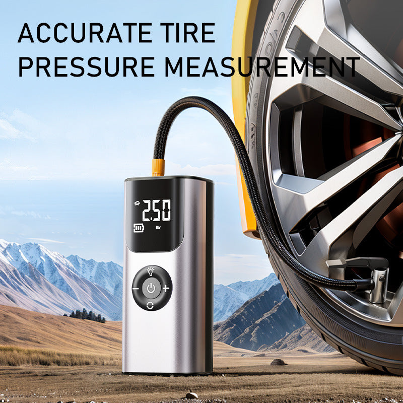 Digital tire pressure inflator with a tire against a mountainous background, emphasizing accurate tire pressure measurement.