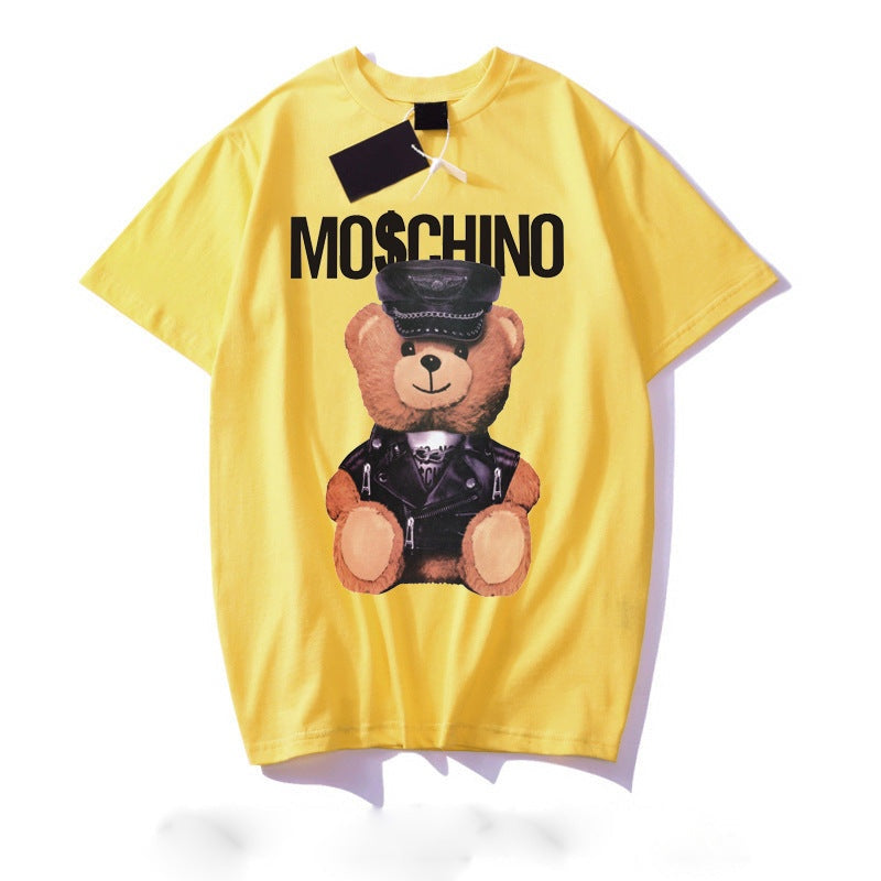 White and black cotton Teddy bear couple t-shirt with round neck and regular sleeves in street style