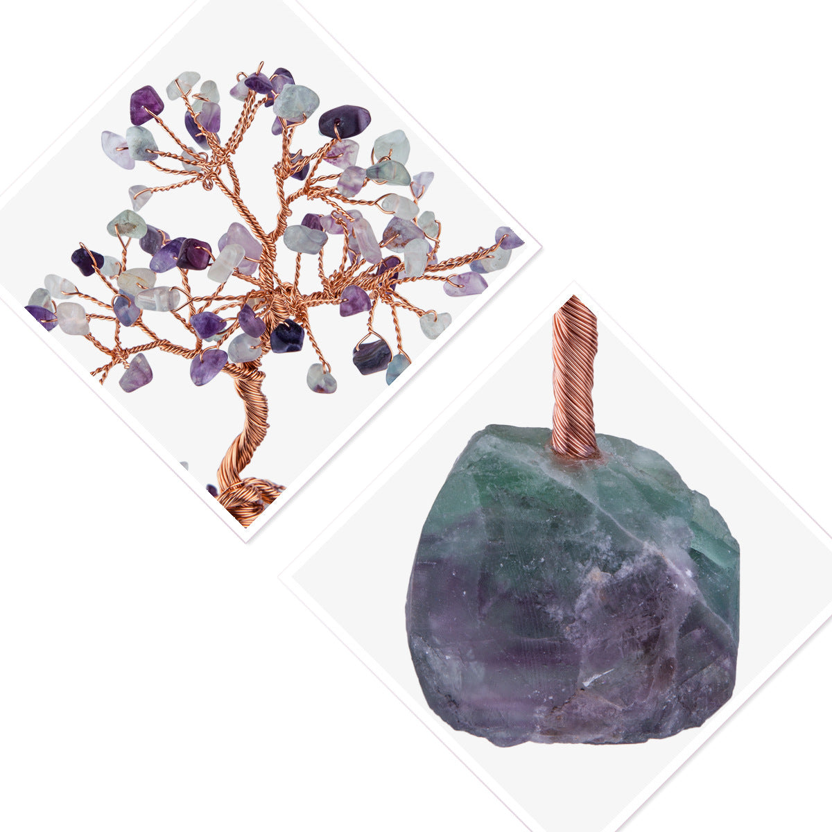 Natural Crystal Fortune Tree Ornament – Amethyst, Fluorite & Pink Crystal with Rough Stone Base