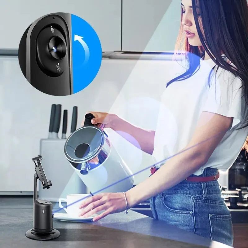 360 Auto Face Tracking AI smart gimbal phone holder with 360-degree rotation and hands-free gesture control for stable video and live streaming