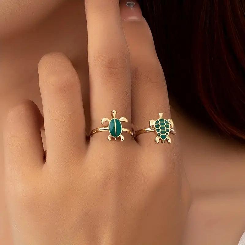 Two cute turtles 14K gold-plated stacked ring symbolizing longevity and wisdom for women