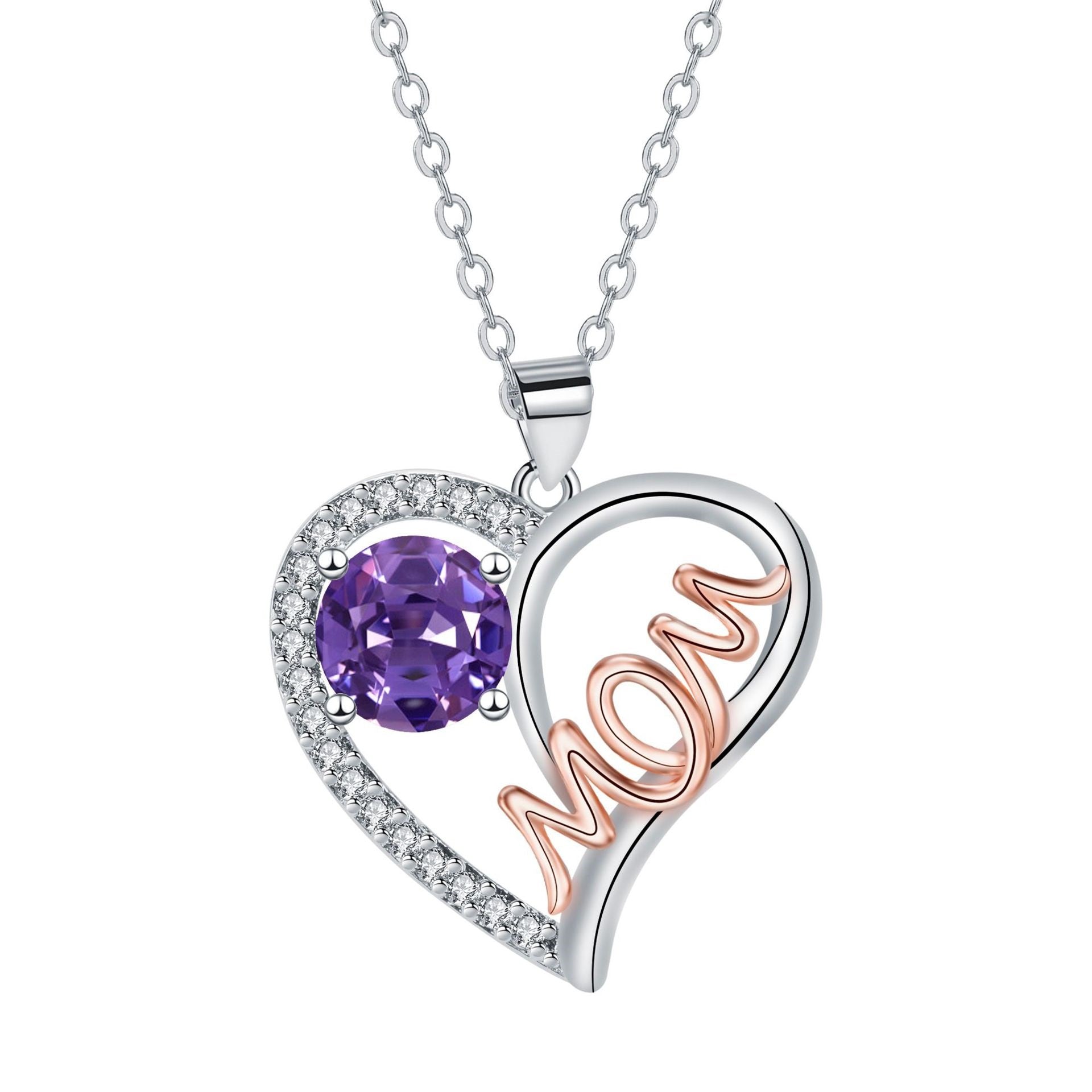 Elegant heart-shaped Mom Necklace in red, purple, blue, and pink copper with cross chain