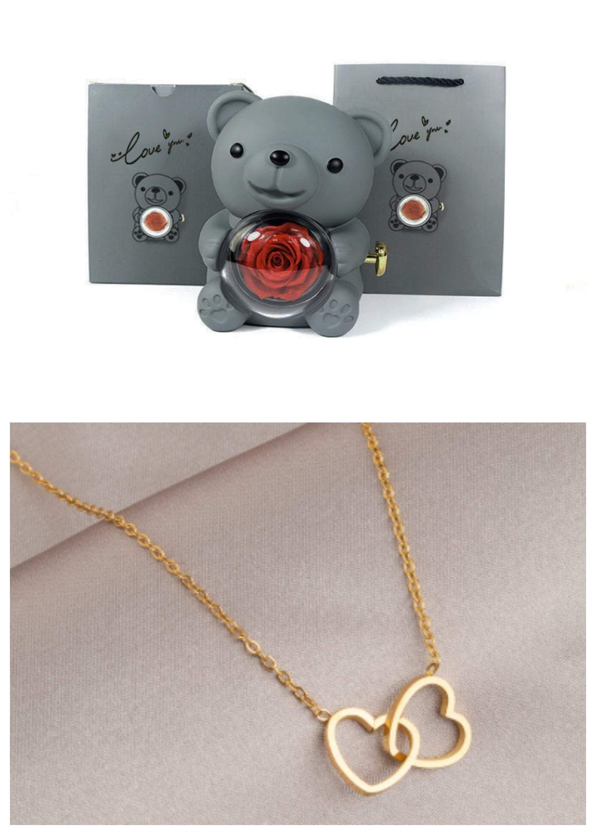 Rotating Eternal Rose Teddy Bear Gift Box Jewelry Box With Necklace Valentine Gift