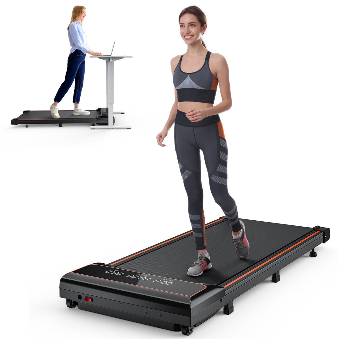 Compact black walking pad treadmill with remote control for under desk use and multitasking workouts