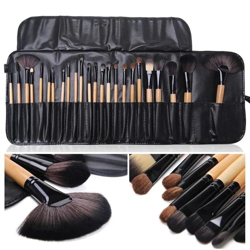 Gift bag containing 24-piece professional makeup brush set with wooden handles and man-made fiber bristles in durable PU packaging