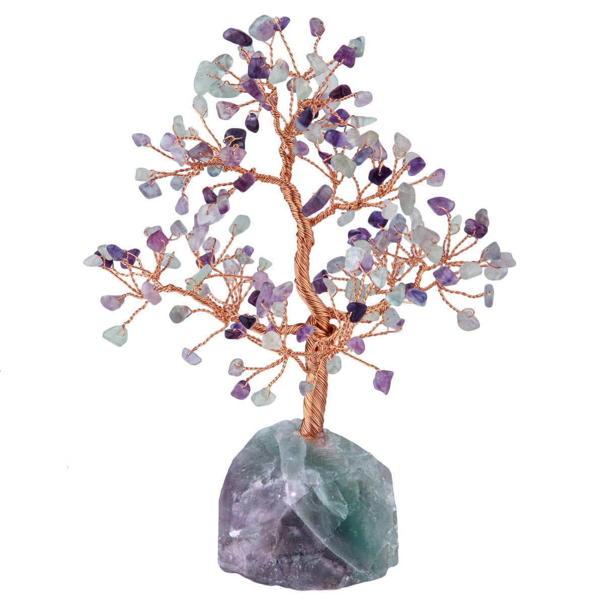 Natural Crystal Fortune Tree Ornament – Amethyst, Fluorite & Pink Crystal with Rough Stone Base