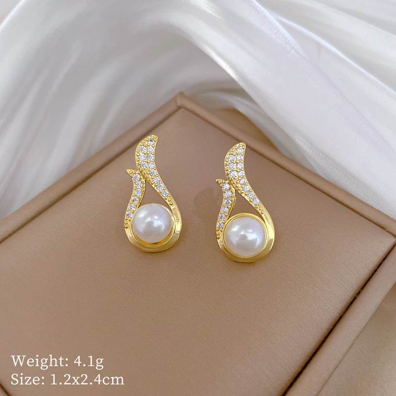 Light luxury necklace and earrings suite with full diamond and pearl, geometric Korean style jewelry set