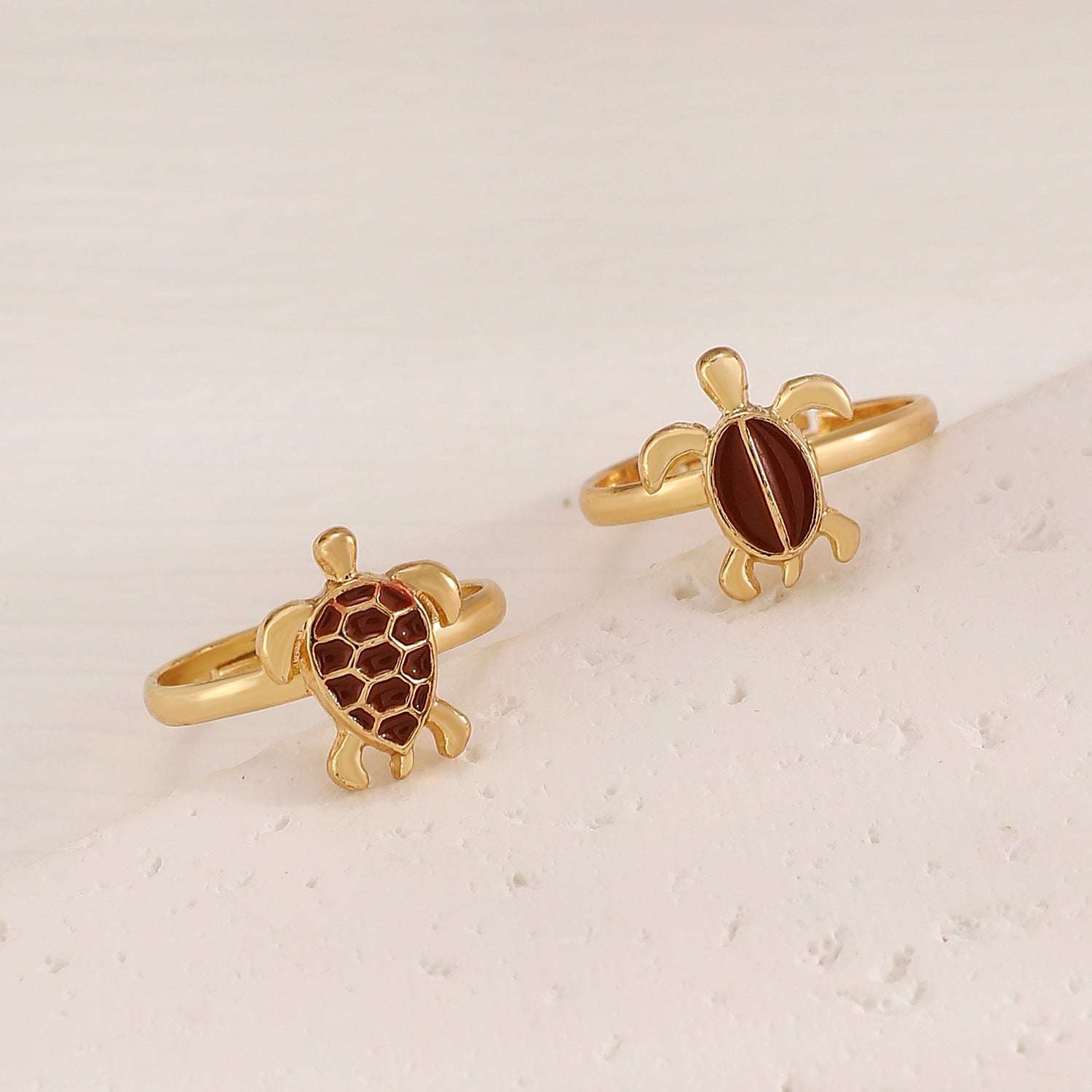 Two cute turtles stacked 14K gold plated ring design for women