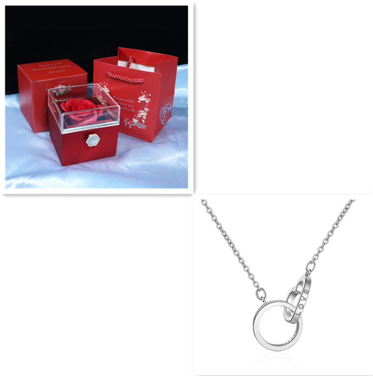 Korean style silver Necklace Two Ring with diamond detailing and geometric design