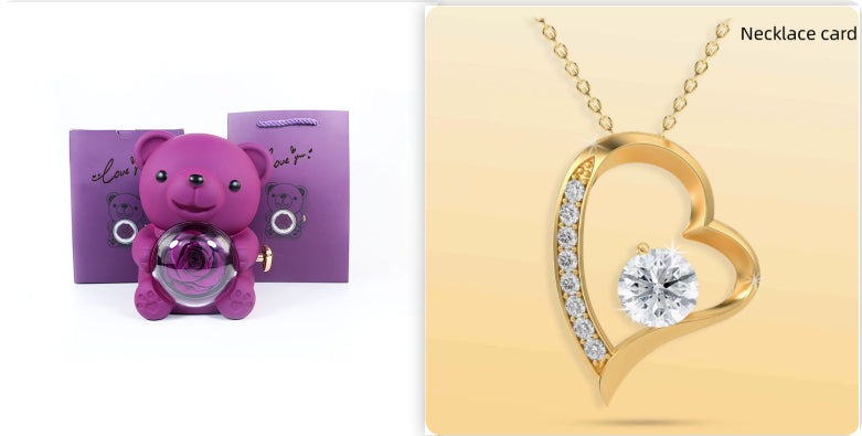 Rotating Eternal Rose Teddy Bear Gift Box Jewelry Box With Necklace Valentine Gift