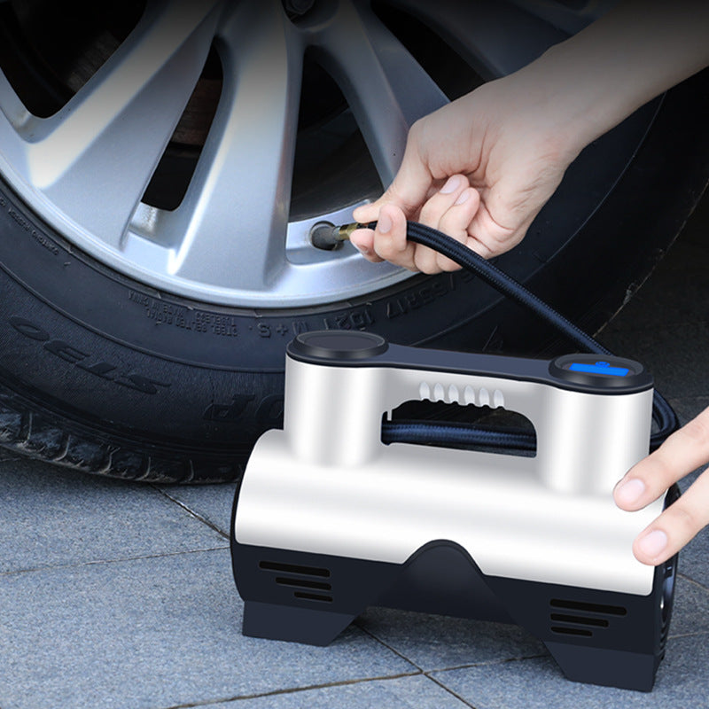 Portable electric car tire inflator with digital display and LED light, 120W motor, 19-cylinder design for fast inflation